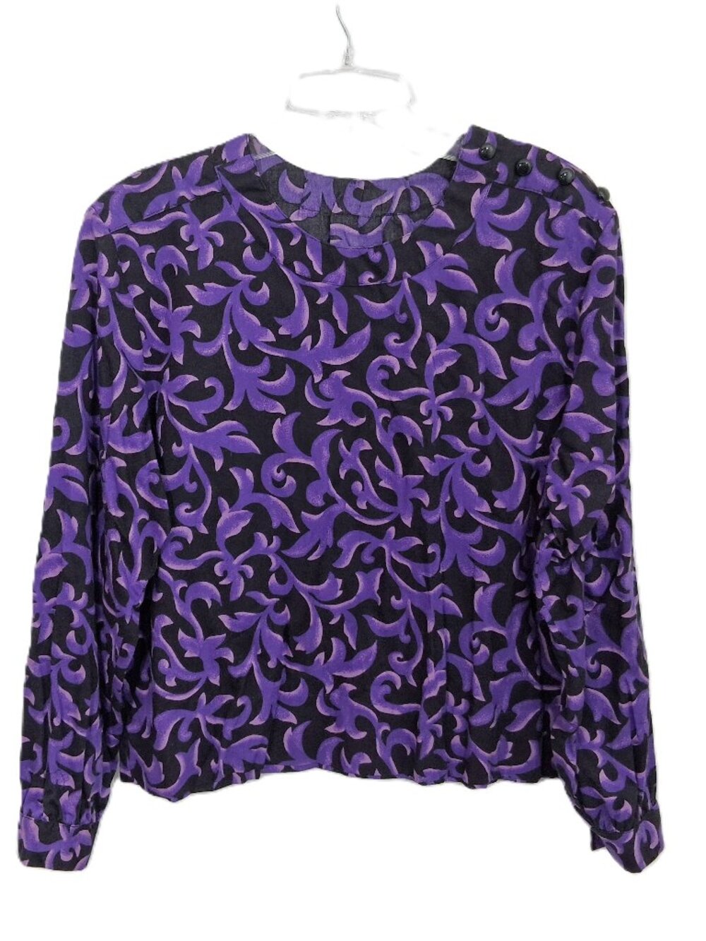 90S Y2K Scoop Neck Long Sleeve Blouse Black Purple Printed Vintage 1X